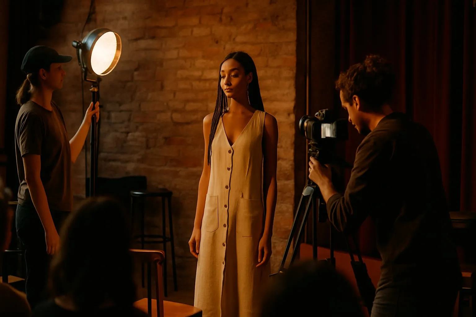 Filmagem de moda sustentável em espaços culturais locais