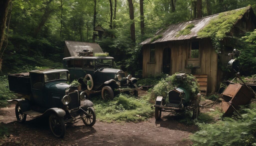 Uma cena abandonada de filme com adereços vintage cercados por vegetação.