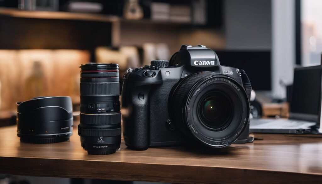 Uma pilha de equipamentos profissionais de fotografia em uma mesa moderna.