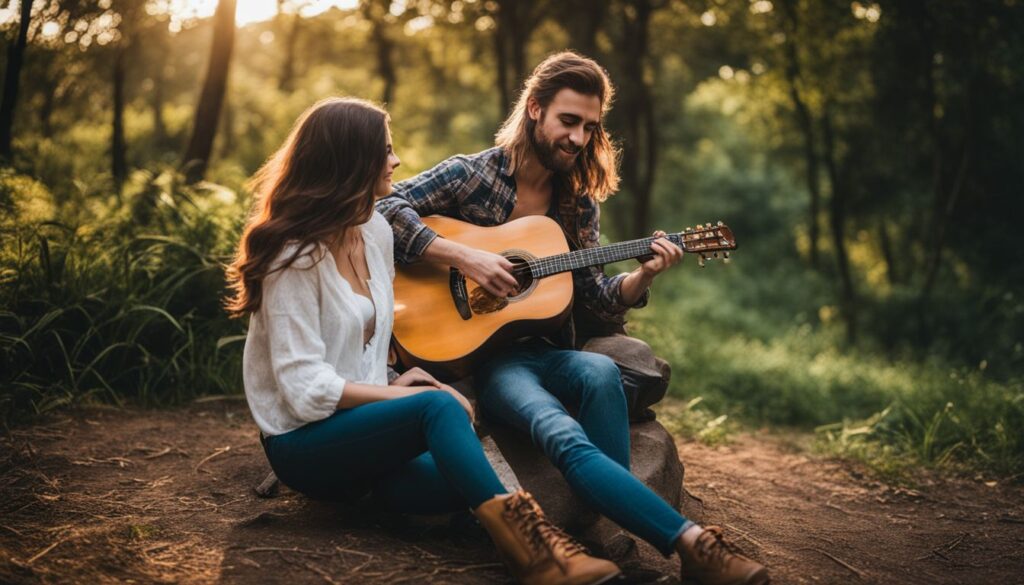 Um jovem casal tocando violão em um parque tranquilo.