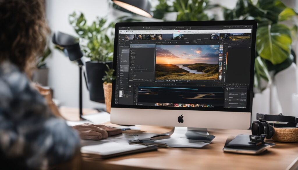 Um iMac com software de edição de vídeo em uma mesa de trabalho