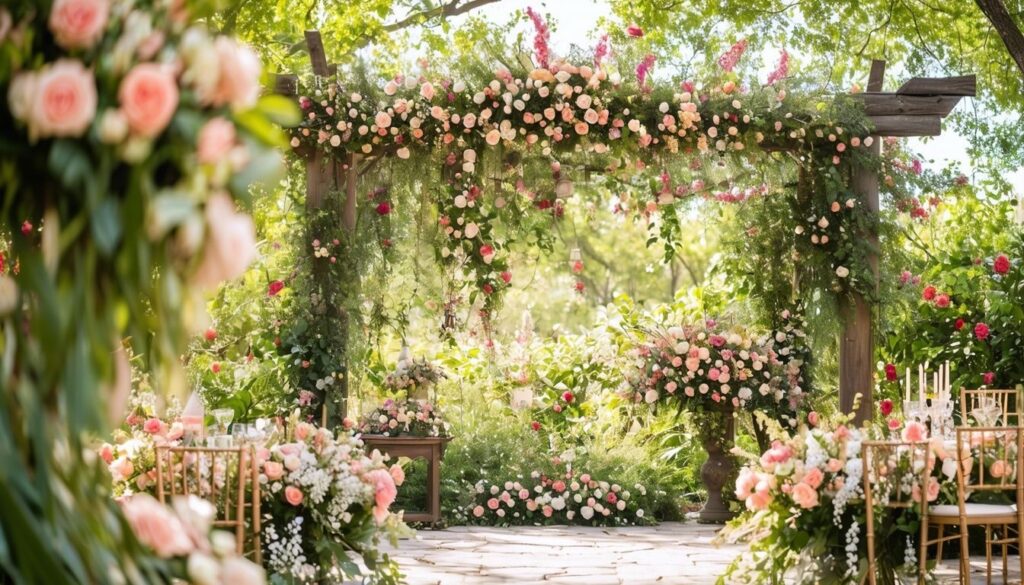 Jardim ao ar livre decorado para ensaio pré-casamento.