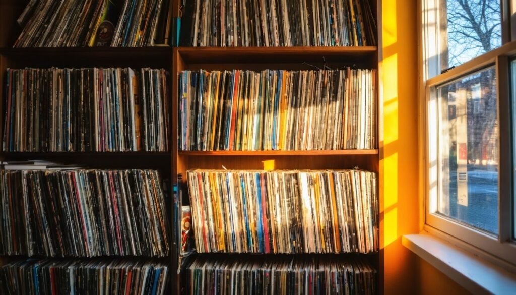 Coleção diversificada de discos de vinil em estante iluminada pelo sol.