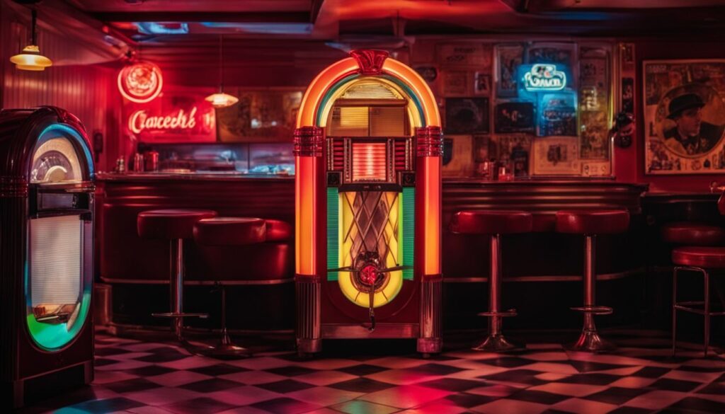 Um jukebox vintage em um diner retro com discos de vinil de musica pop.