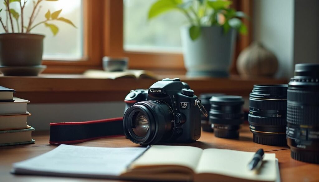 Uma câmera DSLR descansando em uma mesa bagunçada, cercada por livros de fotografia e lentes.