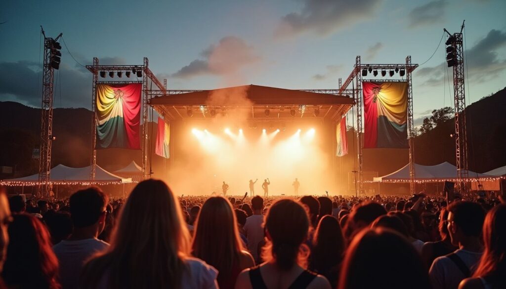 Um palco empoeirado de festival de música ao ar livre no Brasil.