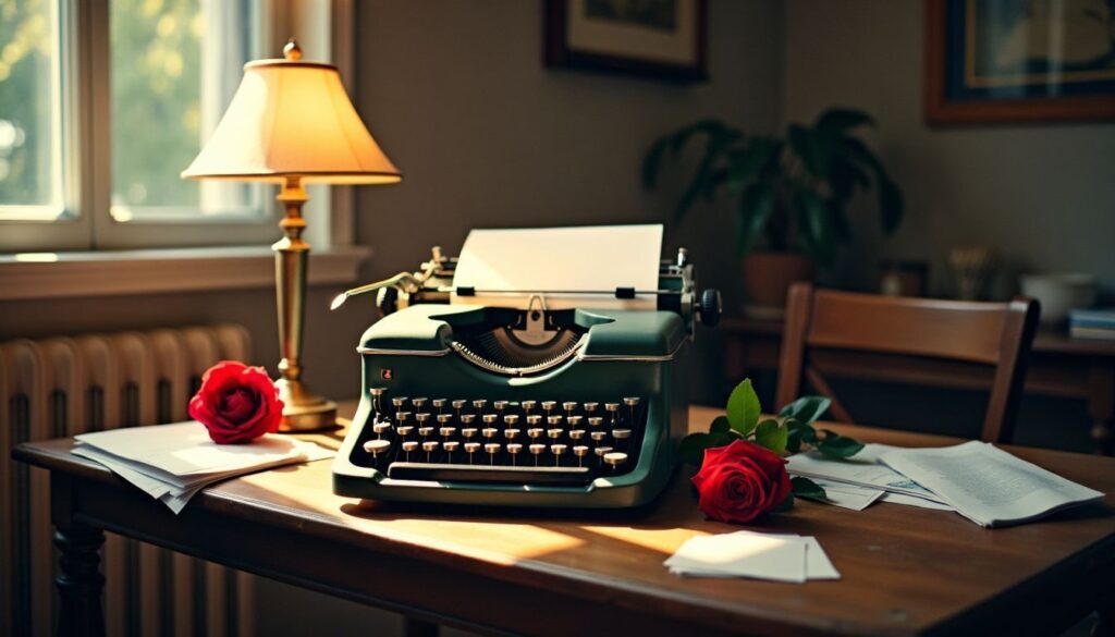 Uma máquina de escrever vintage e uma rosa vermelha em uma mesa de madeira.