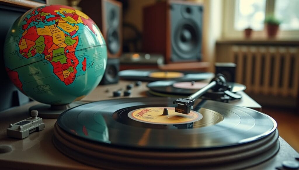 Um globo repousa sobre um toca-discos vintage cercado por discos de vinil de diferentes países.