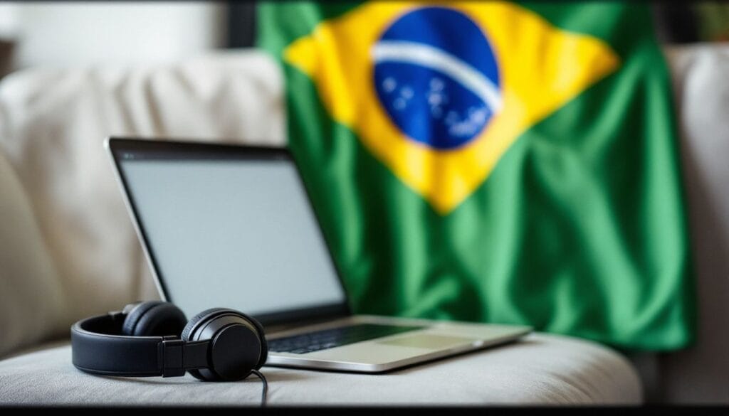 Um laptop aberto em um sofá com fones de ouvido e uma bandeira do Brasil ao fundo.