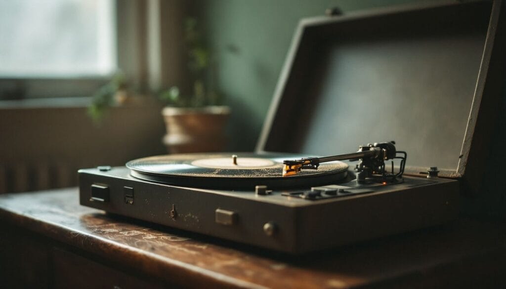 Um antigo toca-discos de vinil descansando em uma mesa de madeira desgastada.