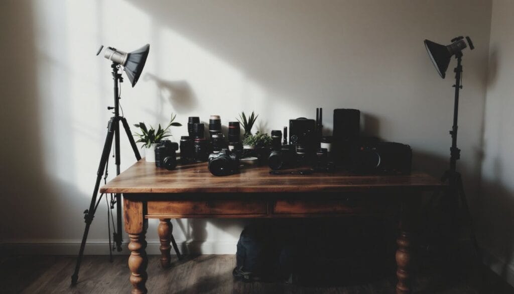 Uma mesa de madeira rústica com acessórios de fotografia.