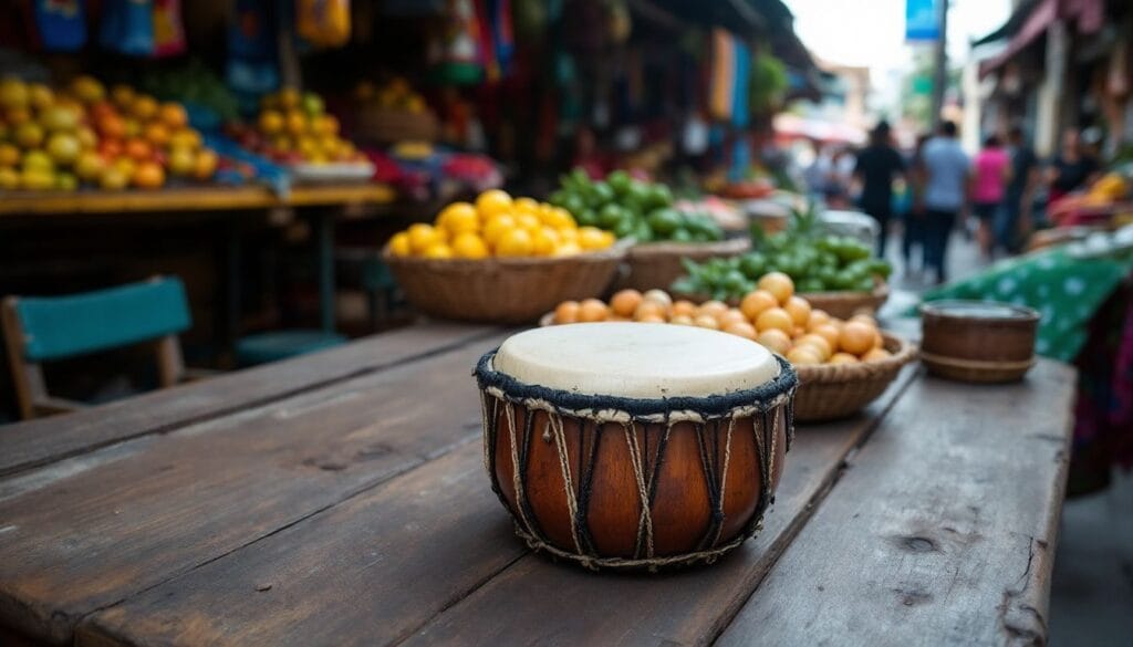 Um pandeiro tradicional em uma mesa de feira colorida