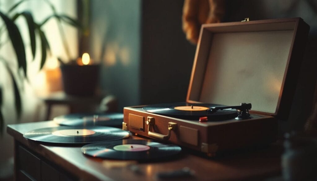 Um toca-discos vintage em uma sala aconchegante com discos de vinil espalhados.