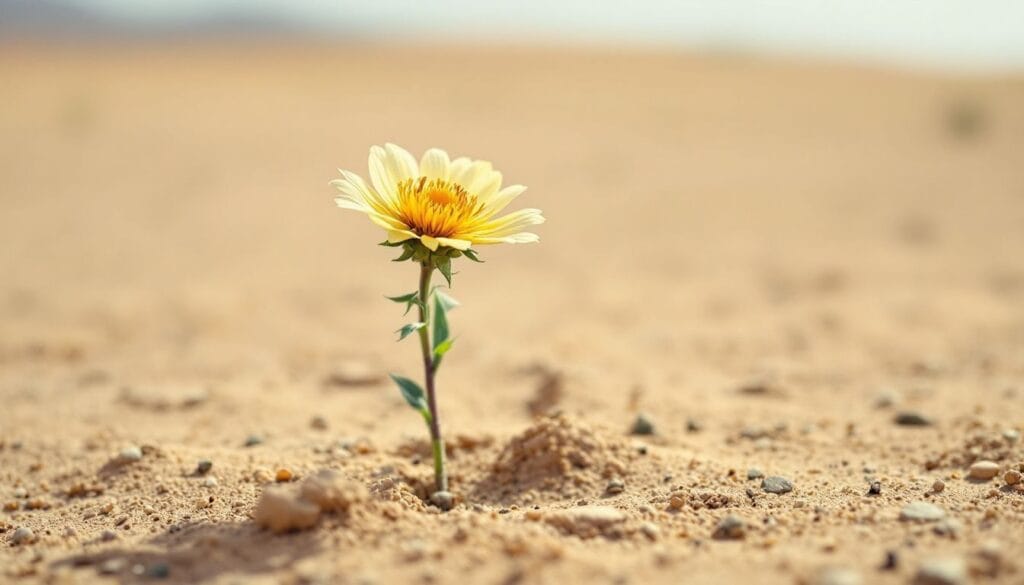 Uma única flor florescendo no deserto vasto e vazio.