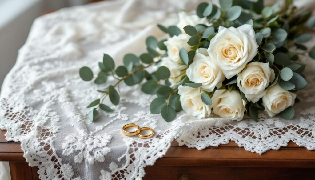 Foto de mesa de casamento com buquê e alianças douradas.